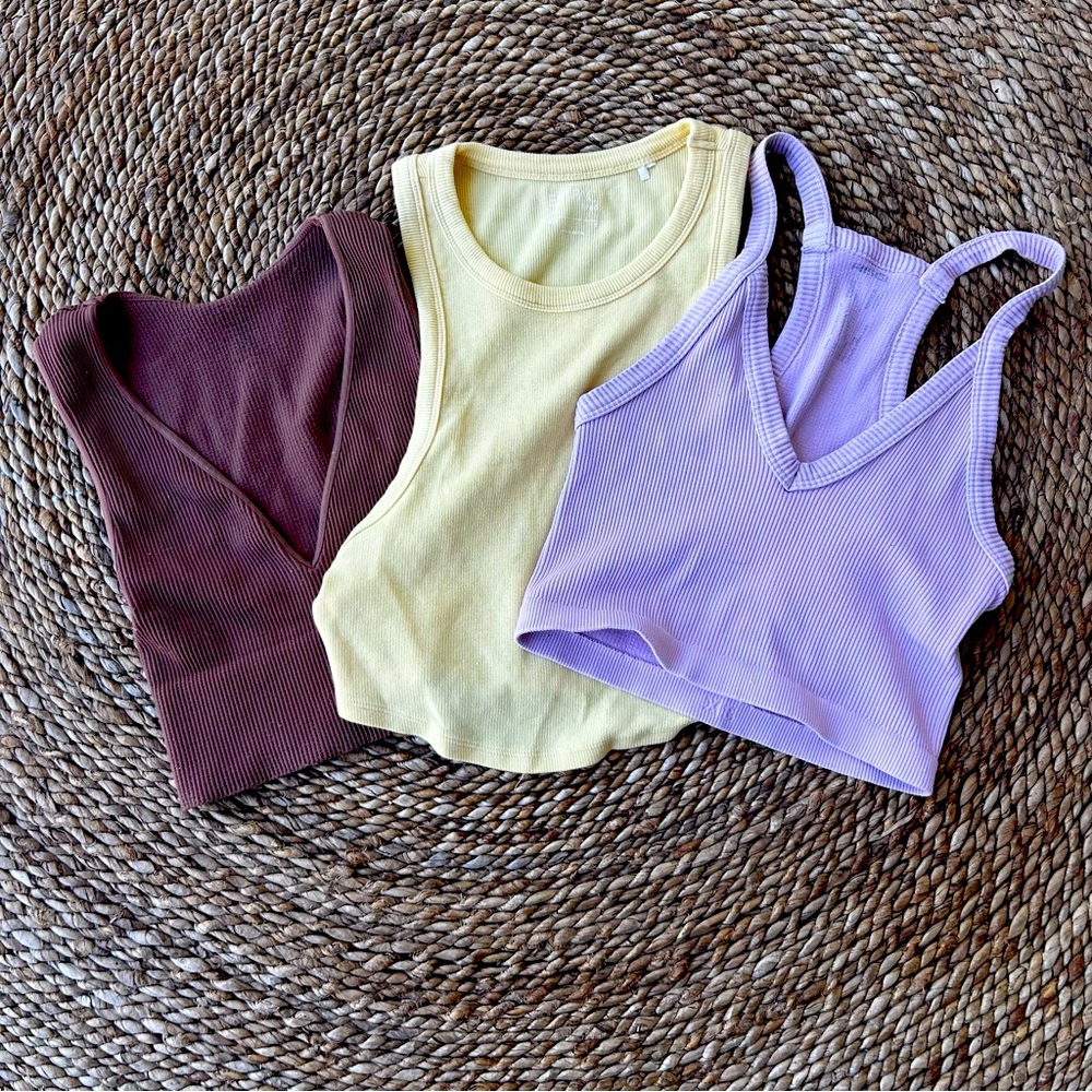 3 size small tank tops brown/yellow/purple